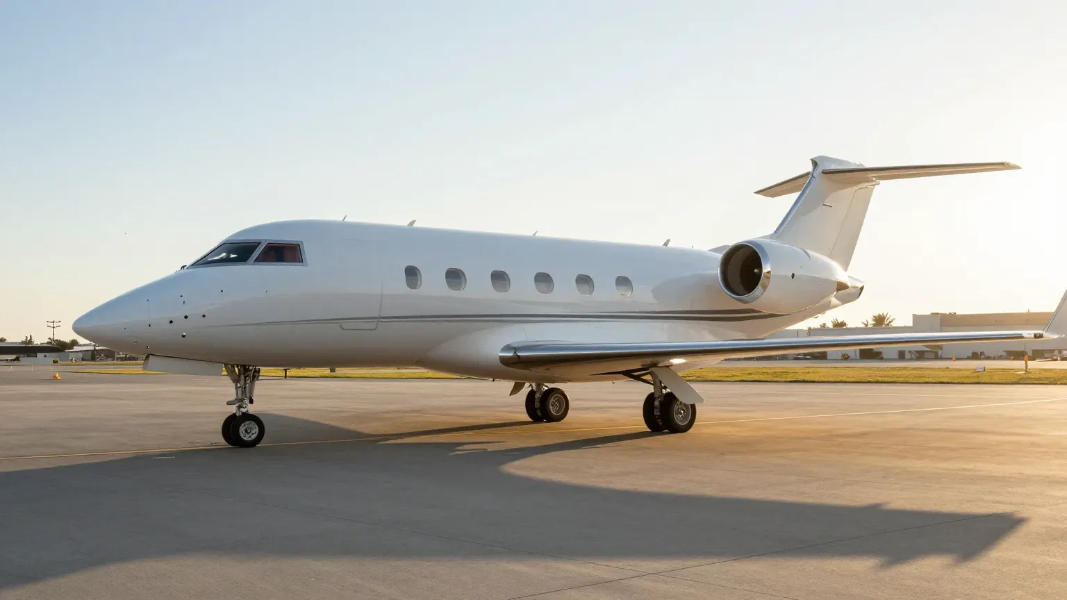 A Challenger 350 super-midsize business jet parked on an empty corporate ramp in late afternoon light.