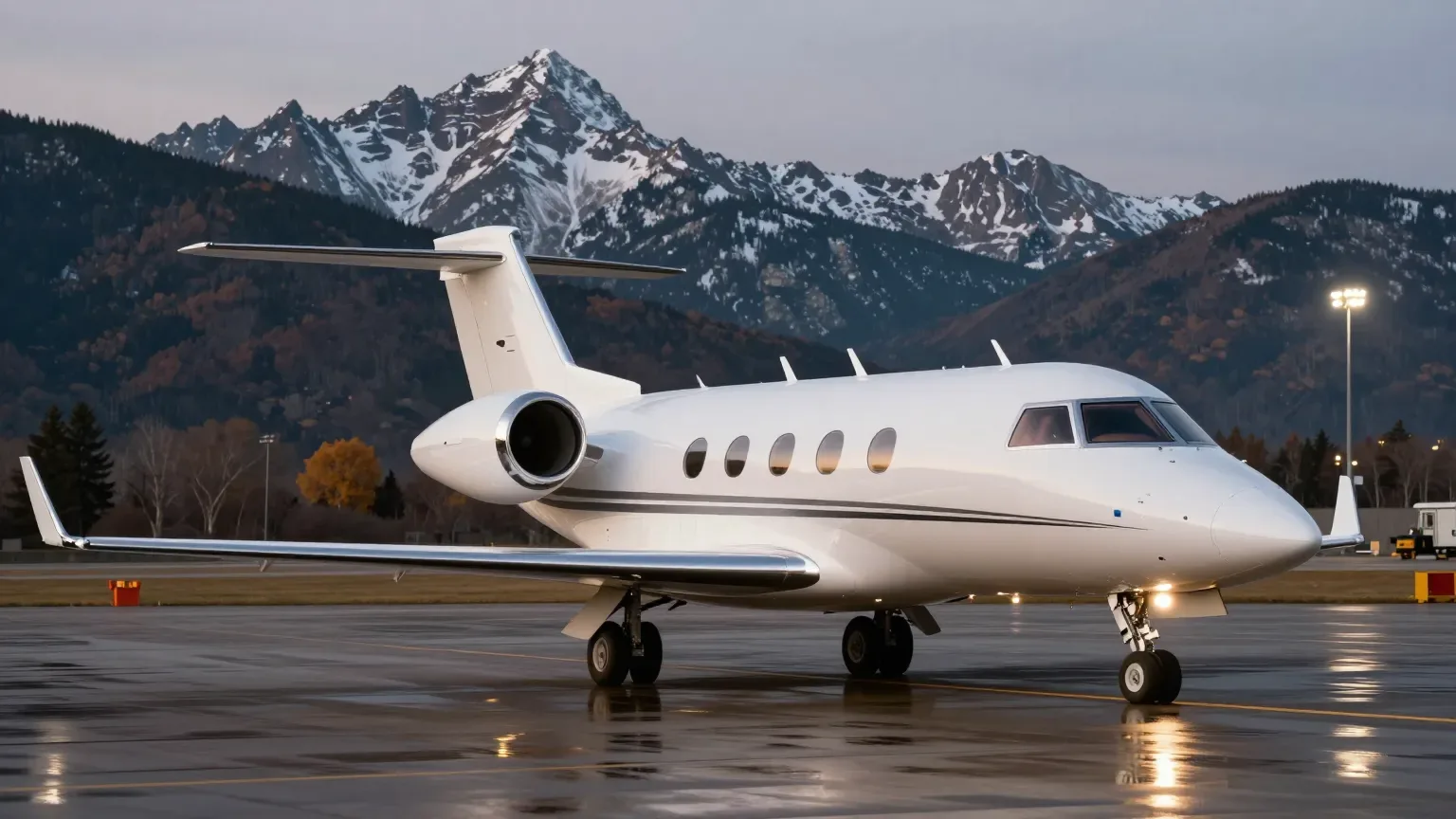 A super-midsize business jet parked on a wet mountain airport ramp at dusk, snow-dusted peaks behind it.
