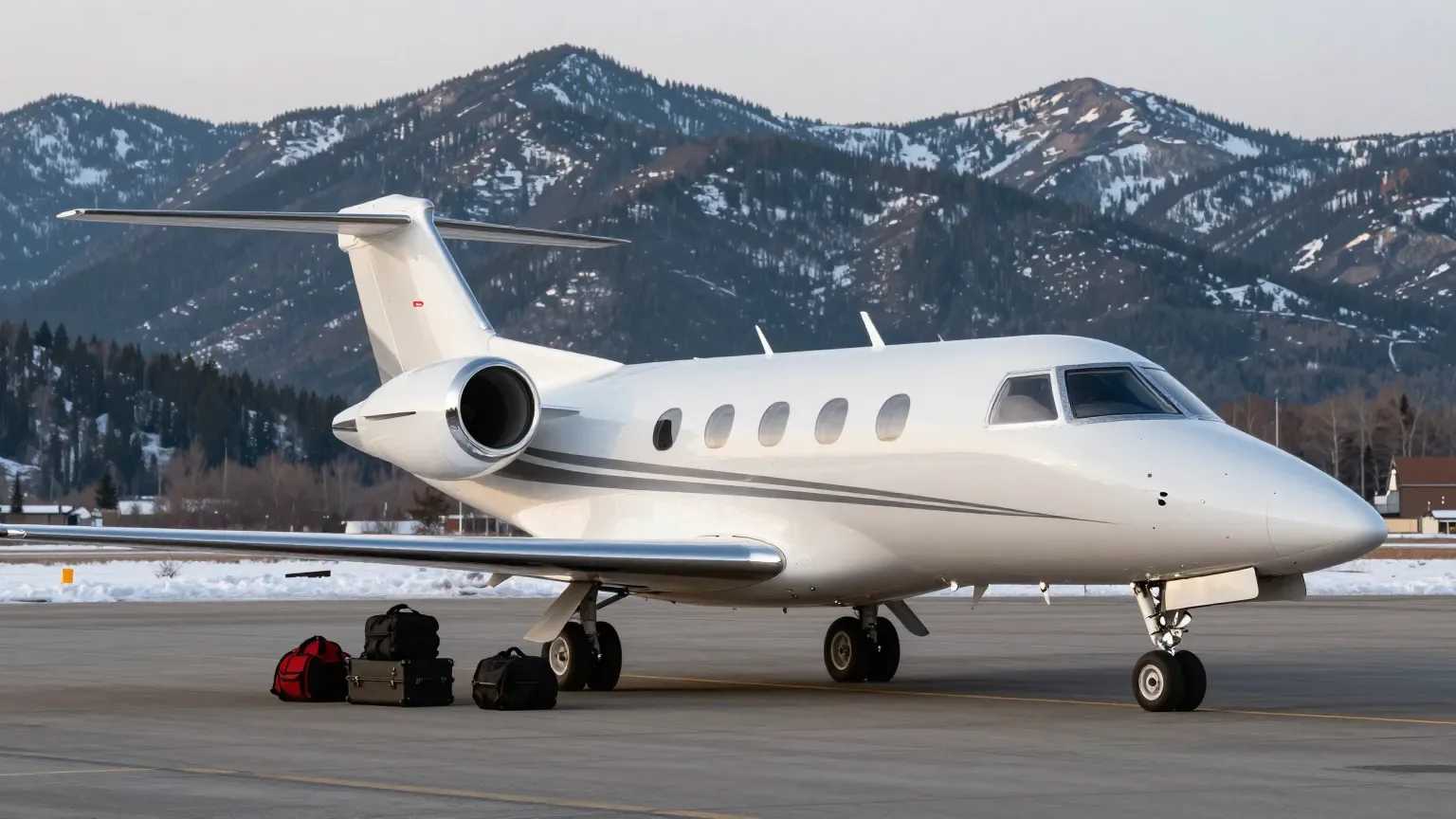 A white Phenom 300E light jet parked on a snow dusted mountain airport ramp at first light with ski bags and hard cases staged beside the baggage hold.