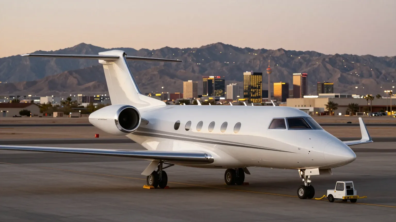 A white light business jet parked on the Harry Reid FBO ramp at dusk with the Las Vegas Strip skyline and desert mountains behind it.