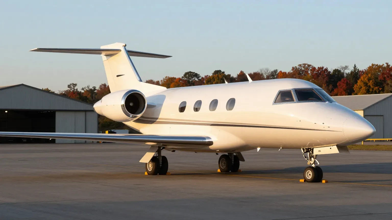 A super-midsize business jet parked on an executive airport ramp at sunrise, with hangars and autumn treeline behind it.